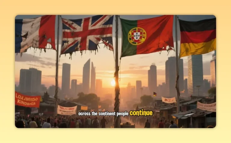 Hoe Europa Afrika echt onderontwikkelde: de waarheid die niet werd onderwezen 6 Drie grote, haveloze vlaggen - Brits, Portugees en Duits - hangen boven een drukke markt met een moderne skyline van een stad bij zonsondergang. Ondertiteling luidt: "over het continent gaan de mensen verder." Hoe Europa Afrika echt onderontwikkelde echo's in de lucht.