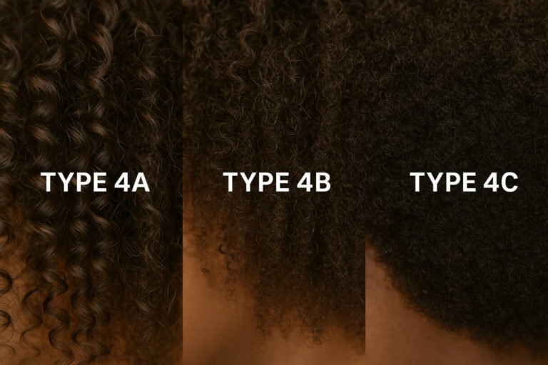 Zij-aan-zij vergelijking van drie natuurlijke haartexturen, type 4A, 4B en 4C, met de nadruk op verschillen in krulpatroon en dichtheid, ideaal voor wie automatische concepten in haarverzorging wil ontdekken.