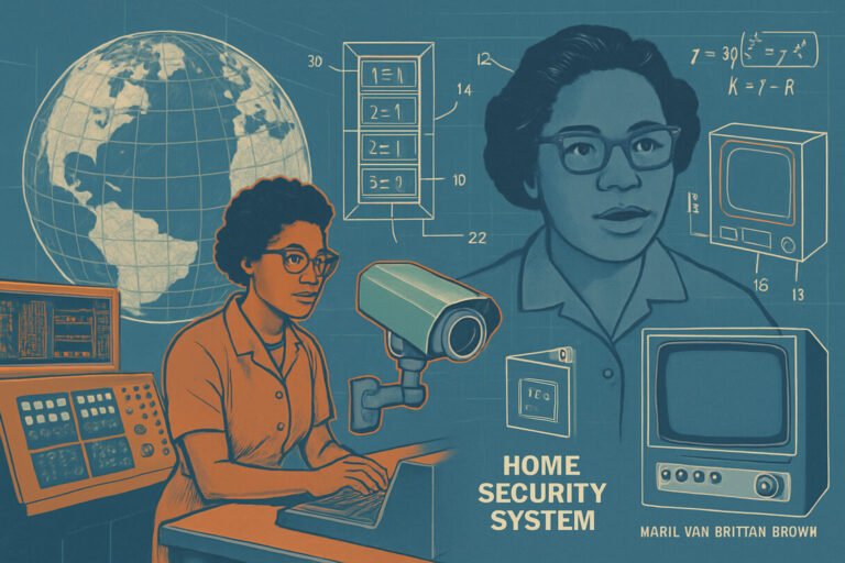 65 Wereldwijd Gebruikte Innovaties door Zwarte Uitvinders 1 Een illustratie van Maril Van Brittan Brown, een van de pionierende Zwarte Uitvinders, met diagrammen van onderdelen van een huisbeveiligingssysteem, een beveiligingscamera, een monitor en wiskundige vergelijkingen tegen een achtergrond van een wereldbol.